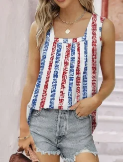 Best Women's Camisole Tank Top Graphic Geometric Striped Vintage Tropical Stylish Sleeveless Square Neck Regular Tops Daily Ruched Print Red Blue Dusty Blue Summer Spring Women Tank Tops & Camis