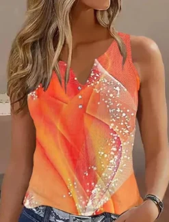 Online Women's Camisole Tank Top Basic Neon & Bright Buttons Print Sleeveless Regular Tops V Neck Casual Blue Orange Women Tank Tops & Camis