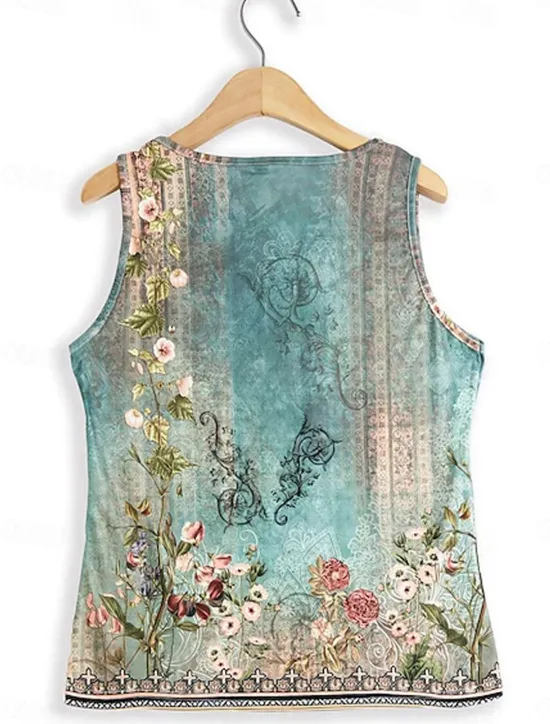 New Women's Camisole Tank Top Stylish Casual Floral Buttons Print Sleeveless Regular Tops Notched Neck Casual Daily Holiday White Blue Green Gray Summer Women Spring Tops|Tank Tops & Camis
