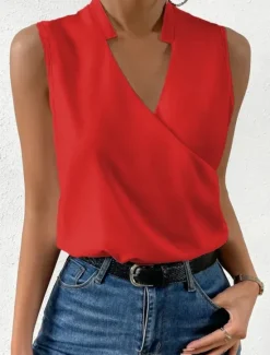 Online Women's Camisole Tank Top Solid Color Elegant Stylish Basic Sleeveless V Neck Regular Tops Daily Black White Yellow Red Blue Summer Women Blouses & Shirts