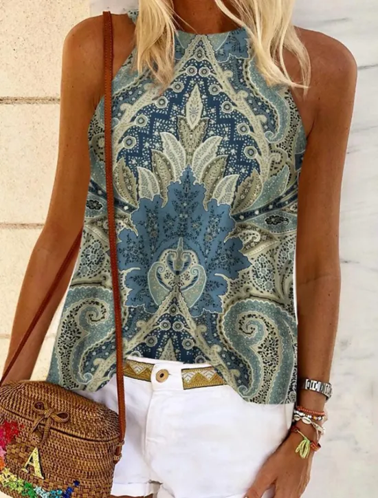 Clearance Women's Camisole Tank Top Halter Summer Tops Pink Blue Purple Graphic Floral Sleeveless Ethnic Boho Halter S Women Tank Tops & Camis