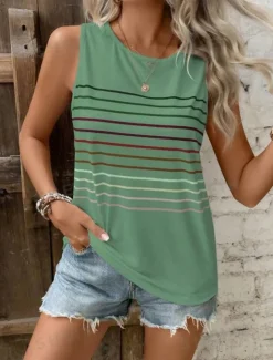Best Women's Camisole Tank Top Vest Fashion Streetwear Striped Print Sleeveless Regular Tops Crew Neck Casual Green Summer Women Tank Tops & Camis|Blouses & Shirts