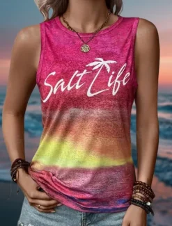 Clearance Women's Camisole Tank Top Gradient Pink Yellow Beach Palm Tree Graphic Print Casual Vacation Sleeveless Tropical Crew Neck Summer Women Tank Tops & Camis