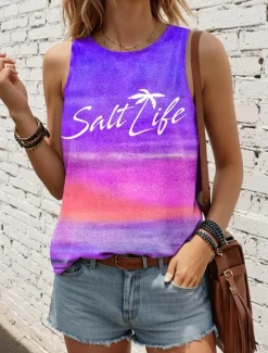 Clearance Women's Camisole Tank Top Gradient Pink Yellow Beach Palm Tree Graphic Print Casual Vacation Sleeveless Tropical Crew Neck Summer Women Tank Tops & Camis