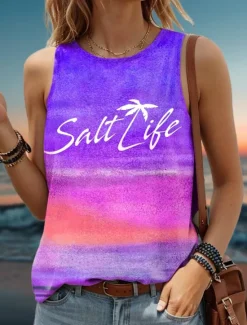 Clearance Women's Camisole Tank Top Gradient Pink Yellow Beach Palm Tree Graphic Print Casual Vacation Sleeveless Tropical Crew Neck Summer Women Tank Tops & Camis