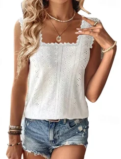 Best Women's Camisole Tank Top Women's Plain Lace Eyelet Lace Street Daily Basic Modern Square Neck Regular Fit S Women Tank Tops & Camis