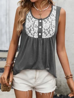 Women's Camisole Tank Top Graphic Fashion Modern Casual Sleeveless Square Neck Regular Tops Daily Going out Weekend Lace Wine Gray Summer Women Tank Tops & Camis
