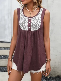 Women's Camisole Tank Top Graphic Fashion Modern Casual Sleeveless Square Neck Regular Tops Daily Going out Weekend Lace Wine Gray Summer Women Tank Tops & Camis