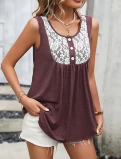 Women's Camisole Tank Top Graphic Fashion Modern Casual Sleeveless Square Neck Regular Tops Daily Going out Weekend Lace Wine Gray Summer Women Tank Tops & Camis