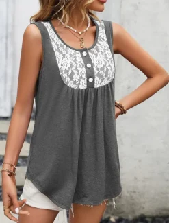 Women's Camisole Tank Top Graphic Fashion Modern Casual Sleeveless Square Neck Regular Tops Daily Going out Weekend Lace Wine Gray Summer Women Tank Tops & Camis