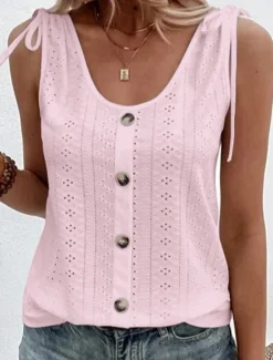 Discount Women's Camisole Tank Top Eyelet top Dressy Tops Plain Basic Sleeveless Sleeveless U Neck Regular Tops Daily Weekend Buttons Light Blue claret Black White Pink Women Tank Tops & Camis