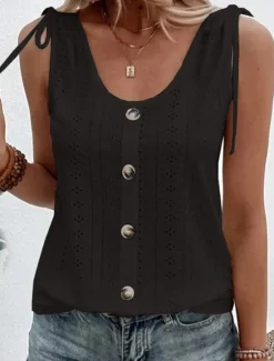 Discount Women's Camisole Tank Top Eyelet top Dressy Tops Plain Basic Sleeveless Sleeveless U Neck Regular Tops Daily Weekend Buttons Light Blue claret Black White Pink Women Tank Tops & Camis
