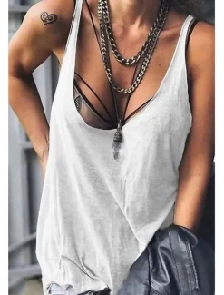 Women's Camisole Tank Top Ladies Basic Classic Sleeveless Regular Tops U Neck Casual Holiday Weekend White Blue Summer Women Tank Tops & Camis