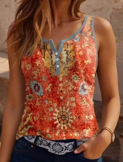 Sale Women's Camisole Tank top Floral Paisley Bohemia Vintage Ethnic Sleeveless Notched Neck Regular Tops Daily Buttons Print Black Navy Blue Dusty Blue Orange Women Boho Tops