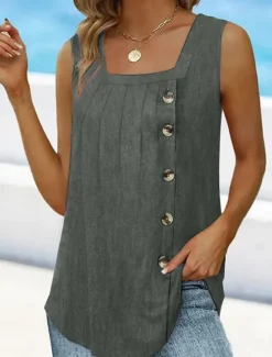 Best Women's Camisole Tank Top Sleeveless Round Neck Asymmetrical Button Side Solid Color Casual Summer Top Regular Fit Charcoal Green Women Tank Tops & Camis