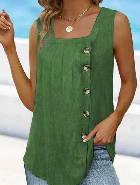 Best Women's Camisole Tank Top Sleeveless Round Neck Asymmetrical Button Side Solid Color Casual Summer Top Regular Fit Charcoal Green Women Tank Tops & Camis