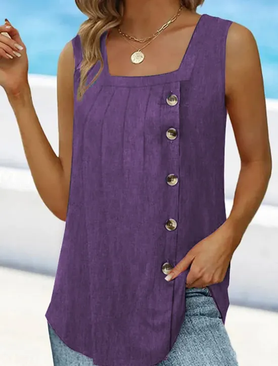 Best Women's Camisole Tank Top Sleeveless Round Neck Asymmetrical Button Side Solid Color Casual Summer Top Regular Fit Charcoal Green Women Tank Tops & Camis