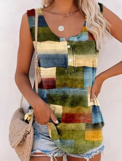 Women's Camisole Tank Top Plaid Stylish Casual Sleeveless Crew Neck Regular Tops Daily Buttons Print Summer Spring Women Shirts