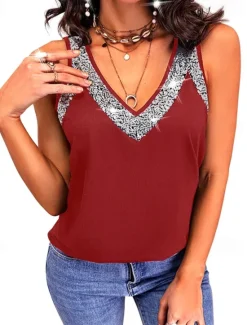 New Women's Camisole Tank Top Streetwear Metallic Casual Sparkly Sequins Sleeveless Regular Tops V Neck Party Holiday Weekend Black Red Blue Purple Women Tank Tops & Camis
