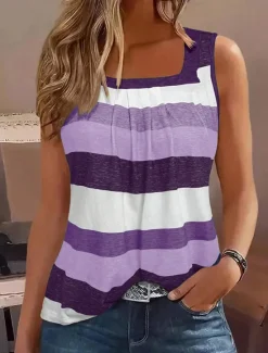 Clearance Women's Camisole Tank Top Striped Stylish Casual Sleeveless Square Neck Regular Tops Daily Print Blue Purple Green Summer Women Tank Tops & Camis