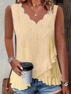 Best Women's Camisole Tank Top Plain Daily Casual Sleeveless V Neck Regular Tops Daily Ruffle Eyelet White Yellow Pink Green Light Blue Summer Women Tank Tops & Camis