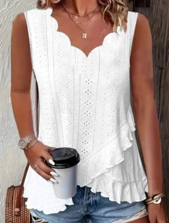 Best Women's Camisole Tank Top Plain Daily Casual Sleeveless V Neck Regular Tops Daily Ruffle Eyelet White Yellow Pink Green Light Blue Summer Women Tank Tops & Camis