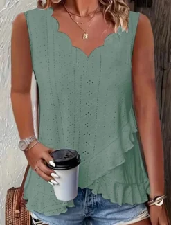 Best Women's Camisole Tank Top Plain Daily Casual Sleeveless V Neck Regular Tops Daily Ruffle Eyelet White Yellow Pink Green Light Blue Summer Women Tank Tops & Camis