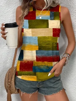 Outlet Women's Camisole Tank Top Geometric Stylish Casual Sleeveless Crew Neck Regular Tops Daily Print Summer Women Tank Tops & Camis