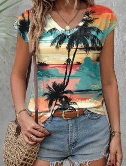 Women's Camisole Tank Top Ombre Hawaiian Sleeveless V Neck Regular Tops Vacation Print Summer Women Tank Tops & Camis|T-Shirts