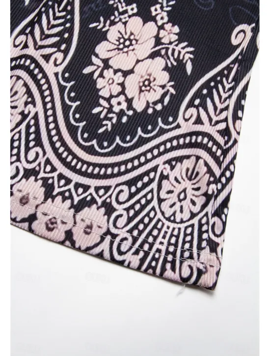 Hot Women's Camisole Tank Top Bohemian Paisley Knit V-Neck Sleeveless Casual Fitted Ribbed Black Cream Layering Summer Clothing Apparel Women Tank Tops & Camis