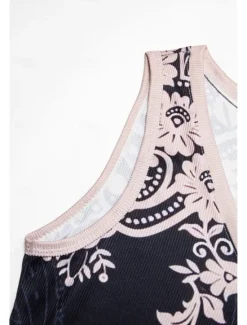 Hot Women's Camisole Tank Top Bohemian Paisley Knit V-Neck Sleeveless Casual Fitted Ribbed Black Cream Layering Summer Clothing Apparel Women Tank Tops & Camis