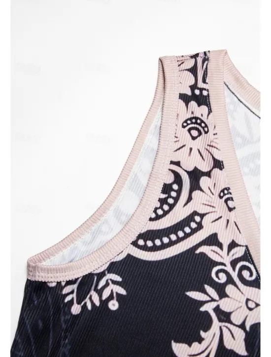 Hot Women's Camisole Tank Top Bohemian Paisley Knit V-Neck Sleeveless Casual Fitted Ribbed Black Cream Layering Summer Clothing Apparel Women Tank Tops & Camis