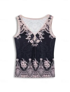 Hot Women's Camisole Tank Top Bohemian Paisley Knit V-Neck Sleeveless Casual Fitted Ribbed Black Cream Layering Summer Clothing Apparel Women Tank Tops & Camis
