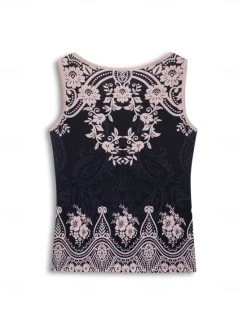 Hot Women's Camisole Tank Top Bohemian Paisley Knit V-Neck Sleeveless Casual Fitted Ribbed Black Cream Layering Summer Clothing Apparel Women Tank Tops & Camis