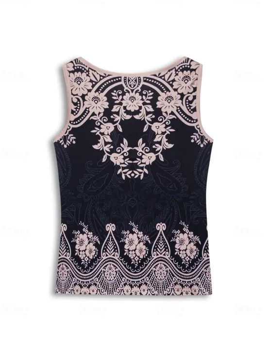 Hot Women's Camisole Tank Top Bohemian Paisley Knit V-Neck Sleeveless Casual Fitted Ribbed Black Cream Layering Summer Clothing Apparel Women Tank Tops & Camis