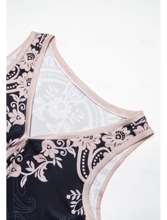 Hot Women's Camisole Tank Top Bohemian Paisley Knit V-Neck Sleeveless Casual Fitted Ribbed Black Cream Layering Summer Clothing Apparel Women Tank Tops & Camis