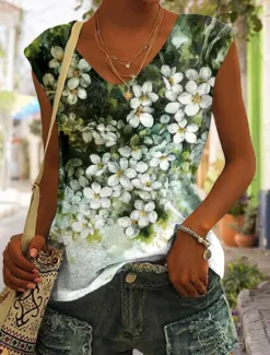 Clearance Women's Camisole Tank Top Basic Floral Print Sleeveless Regular Tops V Neck Casual Holiday Blue Purple Green Women Tank Tops & Camis