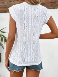 Women's Camisole Tank Top Solid Color Basic Casual Short Sleeve Crew Neck Regular Tops Daily Hollow Out White Pink Beige Summer Spring Women Shirts