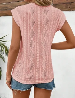 Women's Camisole Tank Top Solid Color Basic Casual Short Sleeve Crew Neck Regular Tops Daily Hollow Out White Pink Beige Summer Spring Women Shirts