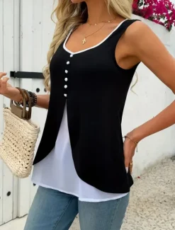 Women's Camisole Tank Top Solid Color Daily Stylish Casual Sleeveless U Neck Regular Tops Daily Patchwork Buttons Black Red Summer Women Tank Tops & Camis