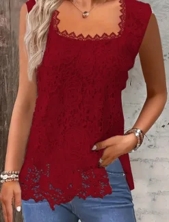 Outlet Women's Camisole Tank Top Solid Color Stylish Casual Sleeveless Square Neck Regular Tops Daily Lace Patchwork Black White Pink Red Blue Summer Spring Women Tank Tops & Camis