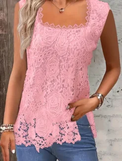 Outlet Women's Camisole Tank Top Solid Color Stylish Casual Sleeveless Square Neck Regular Tops Daily Lace Patchwork Black White Pink Red Blue Summer Spring Women Tank Tops & Camis