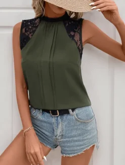 Outlet Women's Camisole Tank Top Solid Color Casual Sleeveless Turtleneck Regular Tops Daily Lace Patchwork Navy Blue Green Gray Summer Women Tank Tops & Camis
