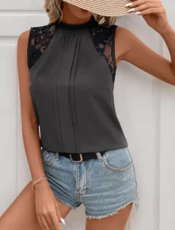 Outlet Women's Camisole Tank Top Solid Color Casual Sleeveless Turtleneck Regular Tops Daily Lace Patchwork Navy Blue Green Gray Summer Women Tank Tops & Camis