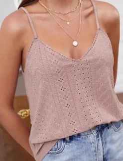 Women's Camisole Tank Top Solid Color Stylish Casual Sleeveless Strap Regular Tops Daily Eyelet White Pink Green Summer Women Shirts|Tank Tops & Camis
