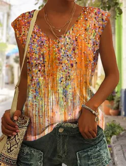 New Women's Camisole Tank Top Basic Print Sleeveless Regular Tops V Neck Casual Pink Blue Purple Orange Green Women Spring Tops|Boho Tops