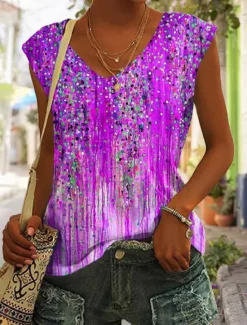New Women's Camisole Tank Top Basic Print Sleeveless Regular Tops V Neck Casual Pink Blue Purple Orange Green Women Spring Tops|Boho Tops
