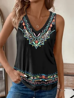 Discount Women's Camisole Tank Top Vintage Ethnic Boho Sleeveless V Neck Regular Tops Vacation Print Summer Women Spring Tops|Tank Tops & Camis