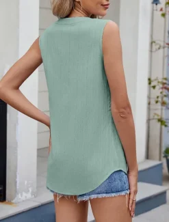 Discount Women's Camisole Tank Top Solid Color Stylish Casual Sleeveless Notched Neck Regular Tops Daily Buttons Sky Blue Green Summer Spring Women Tank Tops & Camis