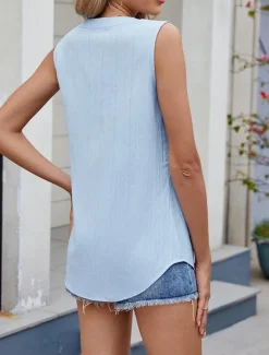 Discount Women's Camisole Tank Top Solid Color Stylish Casual Sleeveless Notched Neck Regular Tops Daily Buttons Sky Blue Green Summer Spring Women Tank Tops & Camis